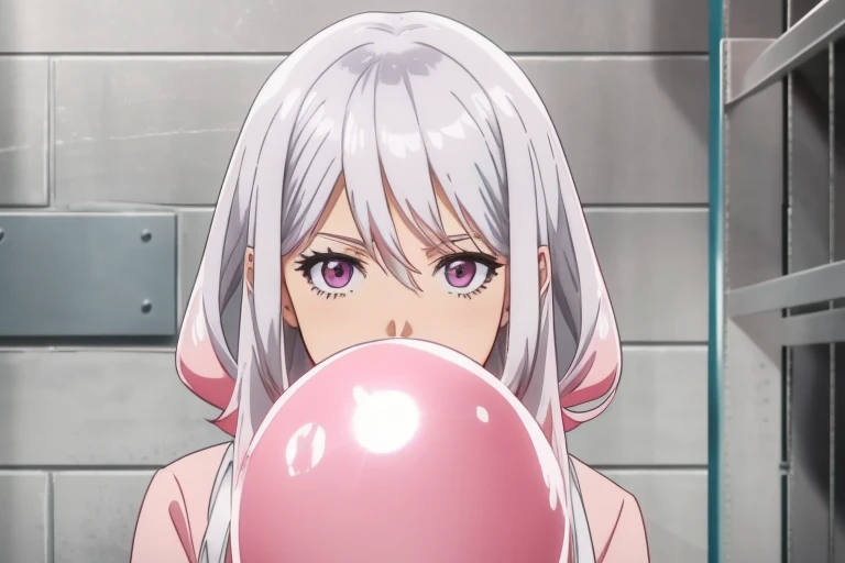 1girl, pink hair, <lora:loon:0.75>, (blowing ((silver)), balloon, looner), looking at viewer, anime screencap, prison clothes, prison cell, handcuffs, night