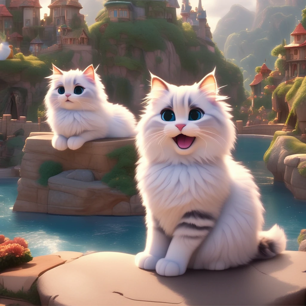 modern disney style, fluffy cute cats, beautiful scenery, very high quality, detailed, intricate, flawless