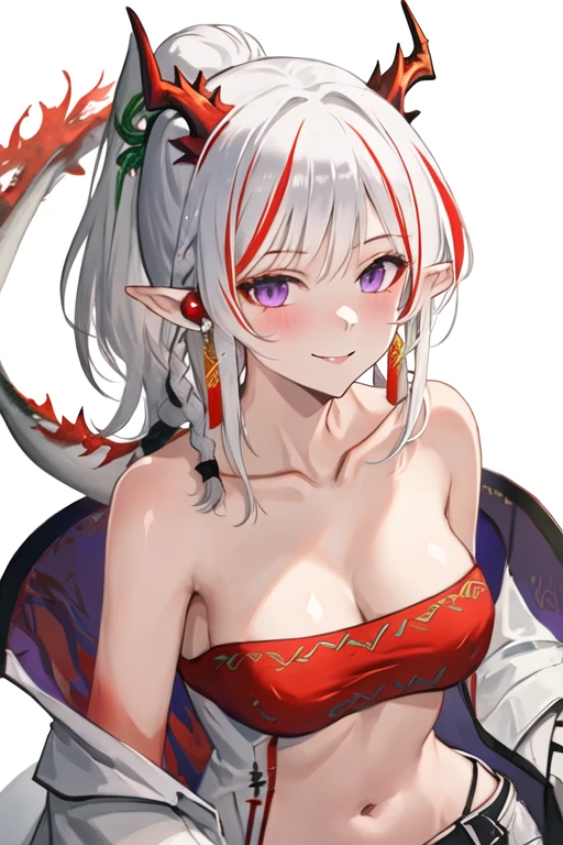 best quality, masterpiece, highres, solo, {nian_arknights:1.15}, horns, pointy_ears, white_hair, multicolored_hair, red_hair, purple_eyes, streaked_hair, bangs, long_hair, jewelry, braid, smile, breasts, dragon_horns, earrings, upper_body, colored_skin, red_skin, 1girl, looking_at_viewer, portrait, simple_background, collarbone, white_background, blush, ponytail
