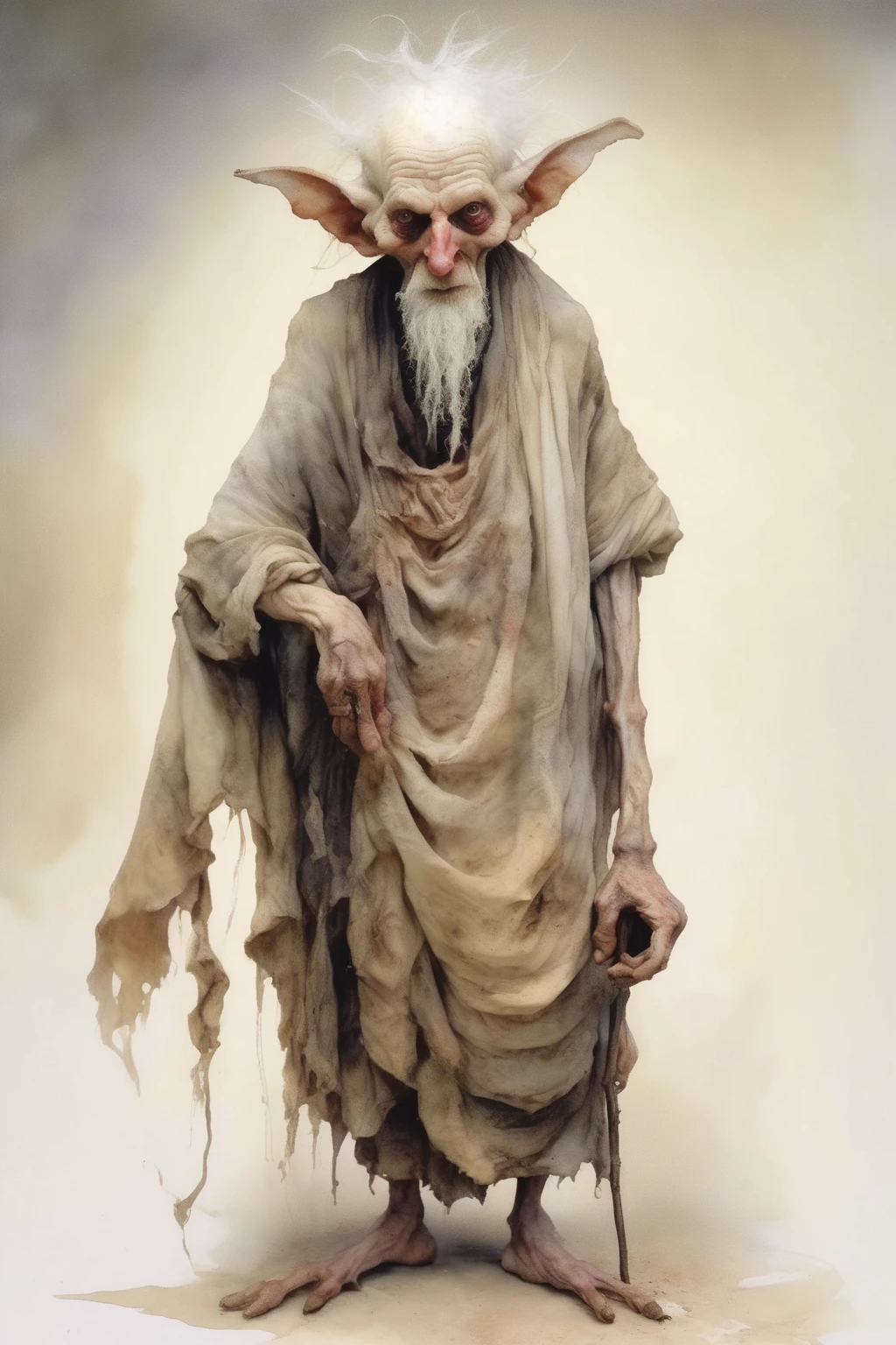 <lora:Jean-Baptiste Monge Style:1>Jean-Baptiste Monge Style - full body figure Ovinnik is a character in South Slavic demonology, old man, an evil spirit, ovinnik face from hard dust and dirt have the appearance of little boy photography by Tim Walker and Roberto Fearri magic, watercolor art, ruby turban, face in flowing paint,very pale, with long white hair and long arms, huge foots and big cow on white background, on white background, by Brian Froud, dramatic volumetric light Rembrandt photorealistic, full body figure view,