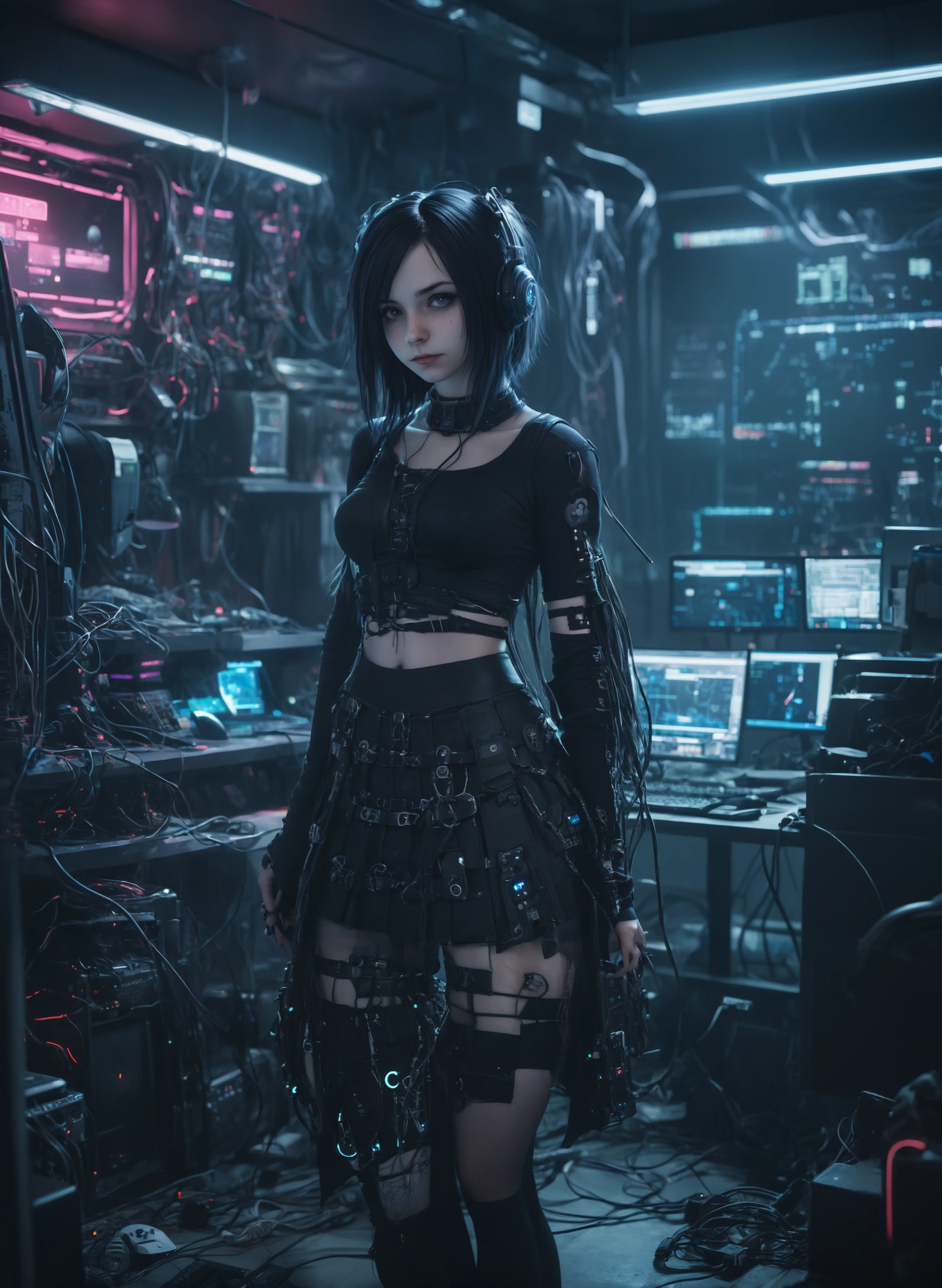 photo of a cute goth girl, hacker, sit a desk,  working at pc, skirt, clutter metro, night, neon lights, nerd outfit, cinematic, cyberpunk, clutter large room, cables