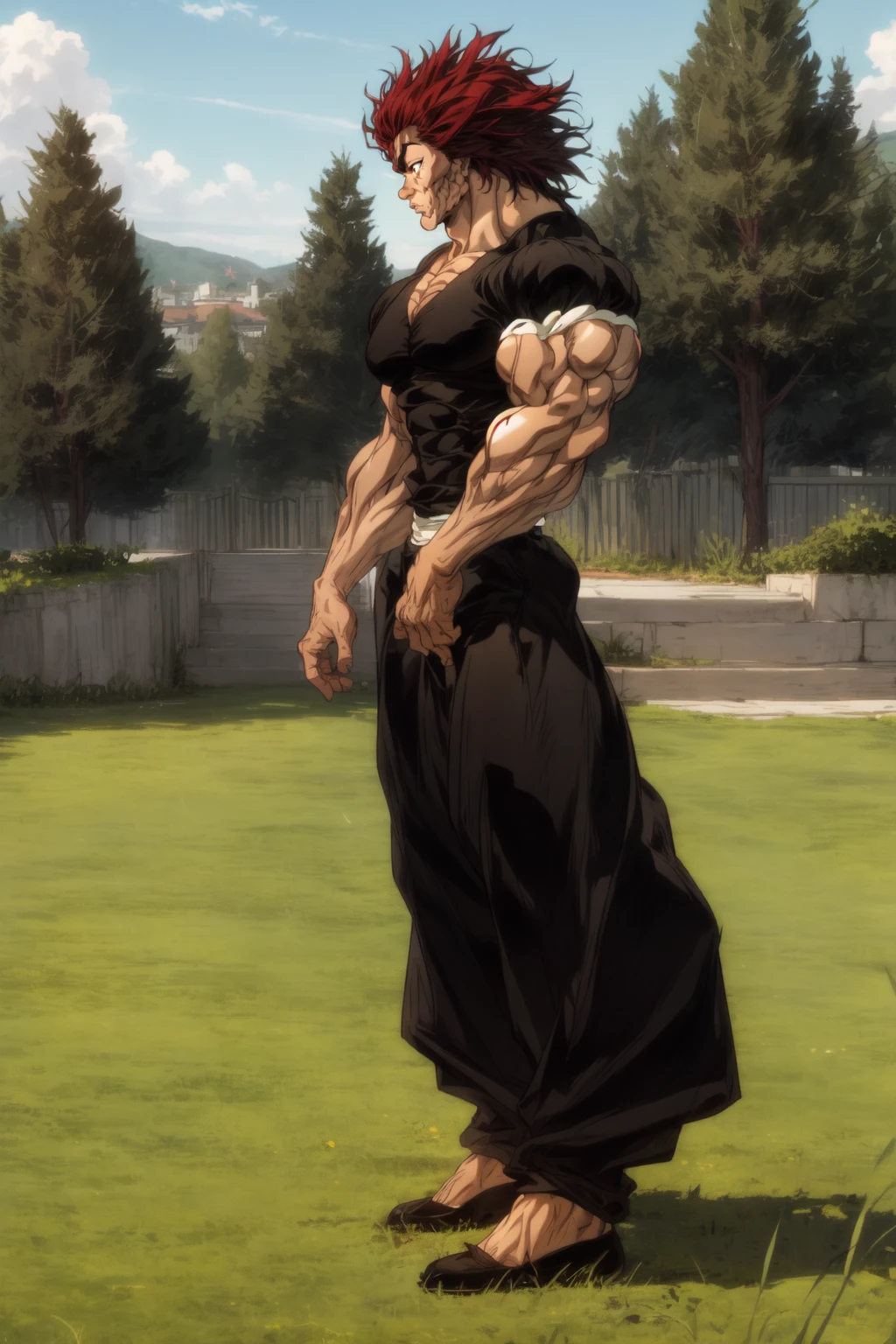 High quality, <lora:Style-add_detail:1>(Beautiful), ((masterpiece)),vibrant colors, YujiroHanma, 1boy, male focus, solo, spiked hair, medium hair,muscular, biceps, large pectorals, black shirt, muscular male, red hair, manly, black pants,black slippers, veins, pupils, brown eyes,(((full body))),grassy field, from side<lora:YujiroHanma5(1):1>