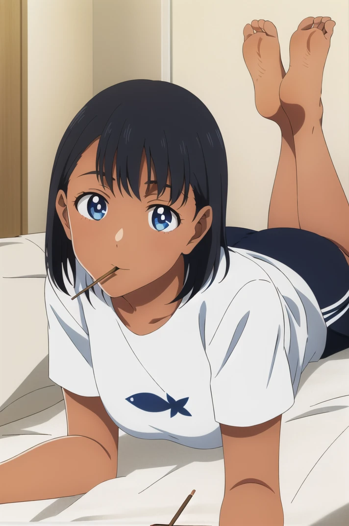 (masterpiece), (high quality), (detailed background:1.3), 1girl, solo,
<lora:SummertimeMio-v1-09:0.7>, ChopioMio, black hair, short hair, dark skin, (looking at viewer:1.3),
mature female, medium breasts,
outfit_2, t-shirt, white shirt, print shirt, short sleeves, dark blue dolphin shorts, short shorts,
bedroom, (white:1) bed, (white:1) bed sheet, (white:1) pillow, head on pillow, on bed, (on stomach, lying on bed:1), (pocky:1.2), (soles:1.2), woman lying down <lora:Pose_OnStomachFeetUp:0.8>