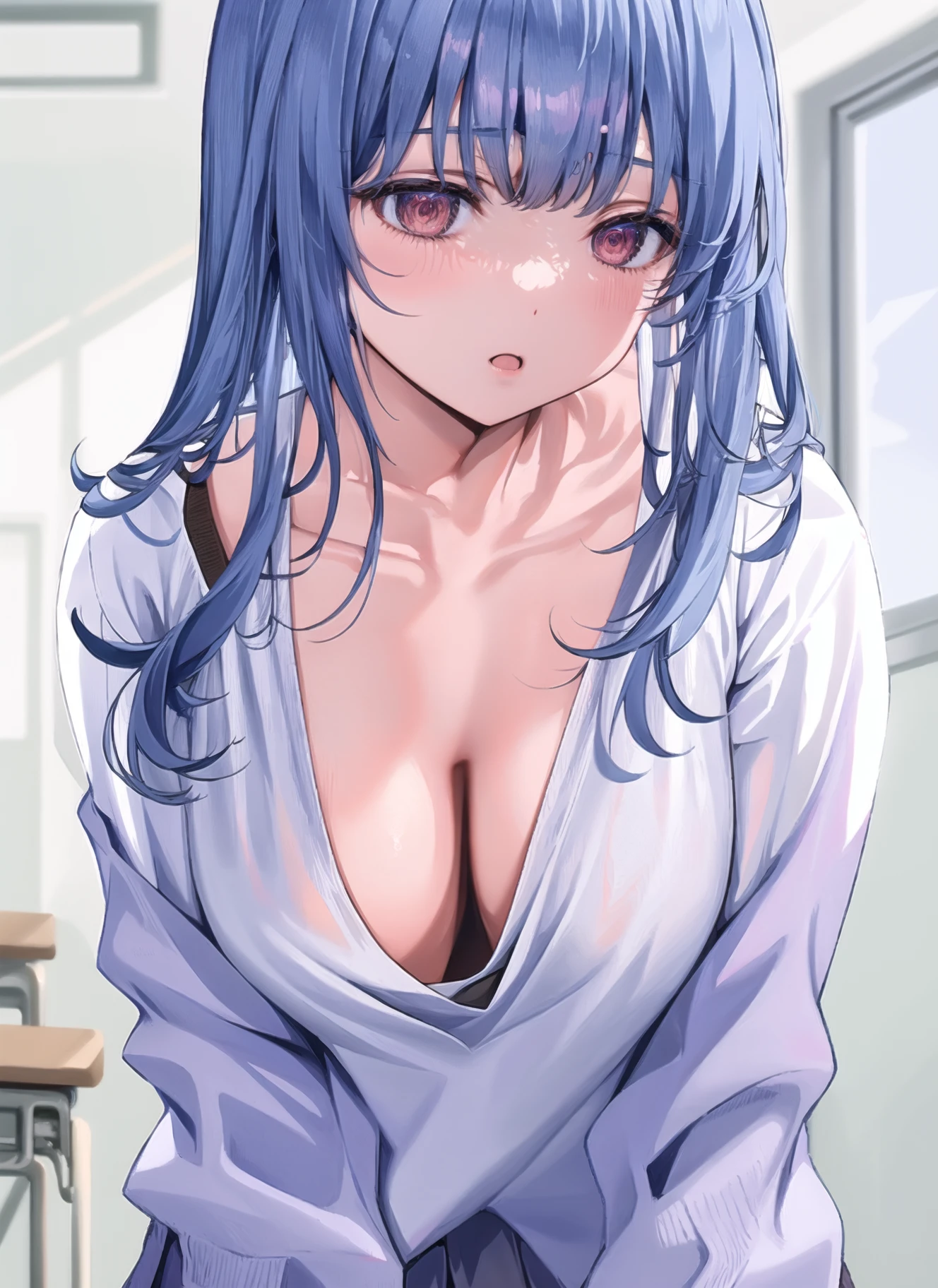 1girl,  bangs,  classroom, cleavage, collarbone,  indoors,  leaning forward, school uniform, upper body, <lora:hizuki_higure_art_style:0.9>