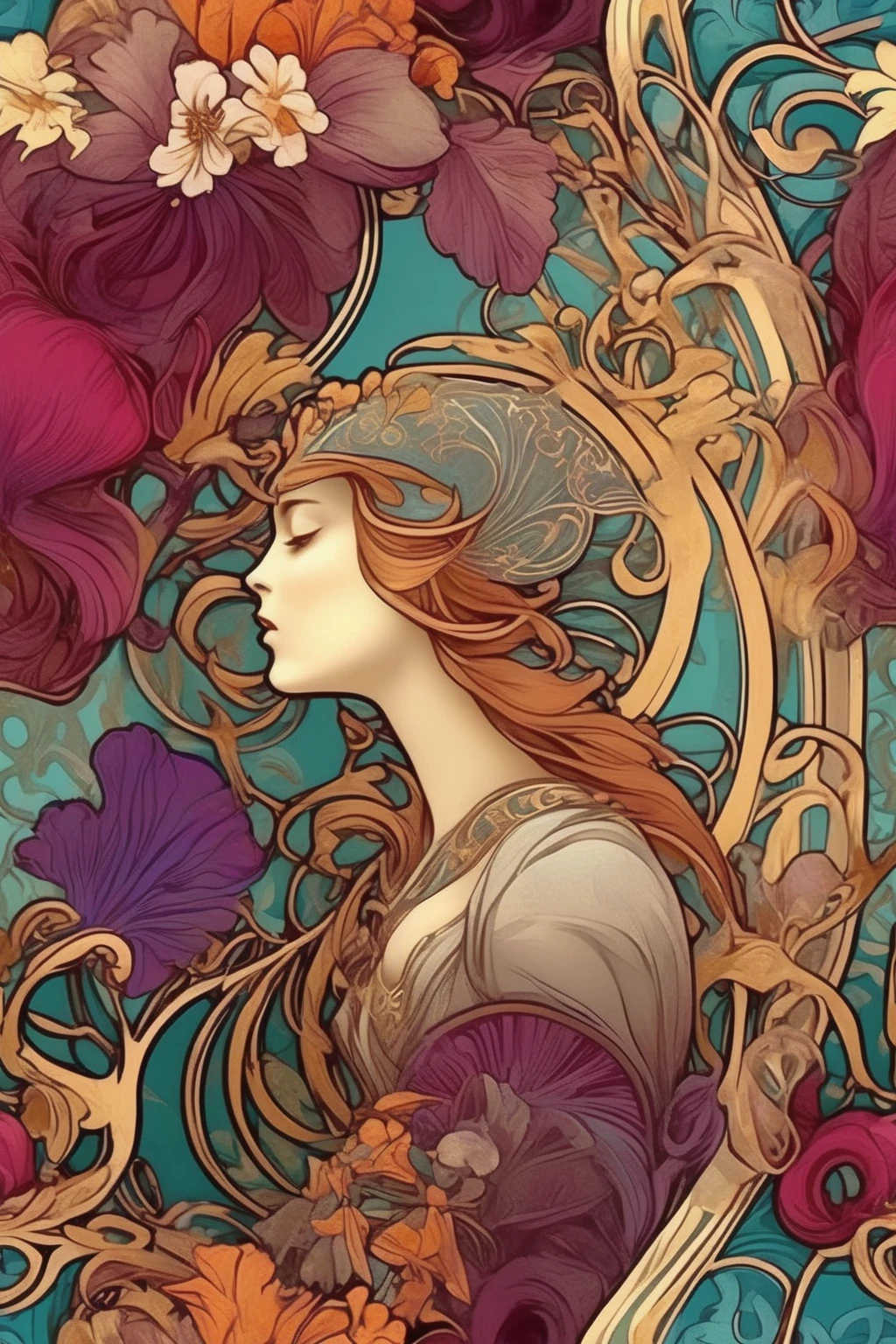 <lora:Alphonse Mucha Style:1>Alphonse Mucha Style - Generate an Art Nouveau pattern design in the style of Alphonse Mucha. The design should be vibrant, intricate, and incorporate elements such as flowing lines, floral motifs, and ornate details. The color palette should include rich, jewel tones with accents of gold and silver. The composition should be balanced and symmetrical, with a central focal point and organic shapes radiating outward. The overall aesthetic should evoke a sense of elegance, grace, and beauty.