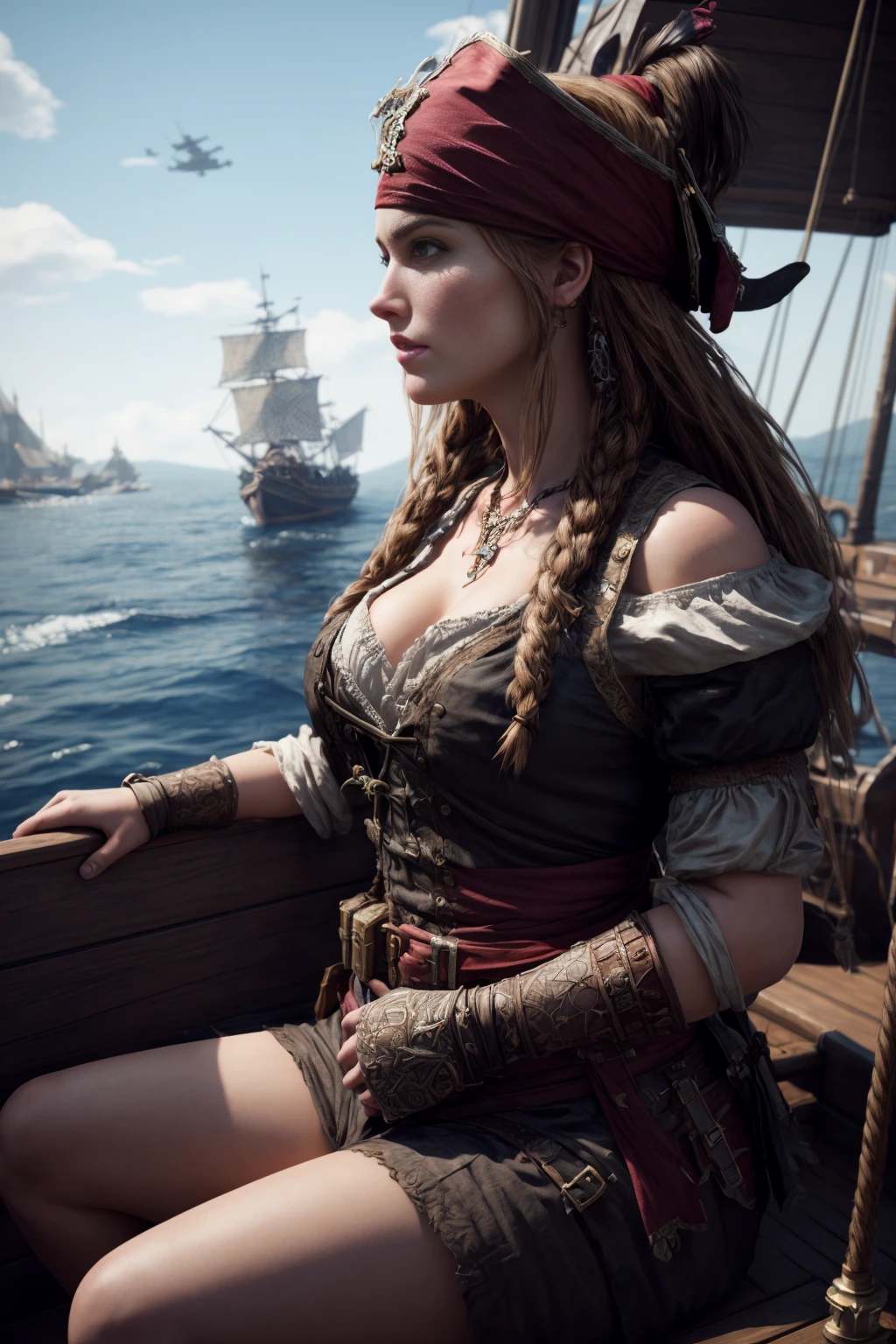 masterpiece, best quality, 8k render in octane, photorealistic highly detailed, volumetric lighting and shadows <lora:more_details:0.7>
A pirate princess, wearing a pirate outfit, posing on a boat, detailed face, epic, fantasy, intricate, hyper detailed, artstation, concept art, smooth, sharp focus, ray tracing, profile shot