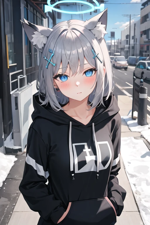 best quality, masterpiece, highres, solo, {shiroko_bluearchive:1.15}, animal_ears, animal_ear_fluff, bangs, blue_eyes, grey_hair, hair_ornament, halo, cross_hair_ornament, mismatched_pupils, extra_ears, medium_hair, blush, breasts, cat_ears, hair_between_eyes, wolf_ears, 1girl, looking_at_viewer, hood, hoodie, black_hoodie, sidelocks