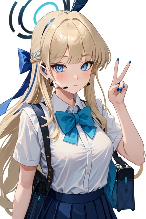 best quality, masterpiece, highres, solo, {toki_bluearchive:1.15}, blonde_hair, blue_eyes, bangs, bow, halo, blue_bow, bowtie, blue_bowtie, braid, breasts, long_hair, closed_mouth, animal_ears, fake_animal_ears, rabbit_ears, blush, v, earpiece, 1girl, blue_nails, collared_shirt, looking_at_viewer, nail_polish, shirt, simple_background, white_background, white_shirt, school_uniform, hair_bow, very_long_hair, bag, ribbon, school_bag, skirt