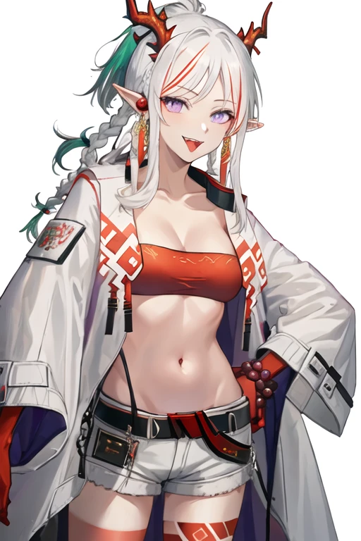 best quality, masterpiece, highres, solo, {nian_arknights:1.15}, horns, pointy_ears, white_hair, multicolored_hair, red_hair, purple_eyes, streaked_hair, bangs, long_hair, jewelry, braid, smile, breasts, dragon_horns, earrings, upper_body, colored_skin, red_skin, 1girl, bandeau, long_sleeves, midriff, navel, open_clothes, stomach, strapless, wide_sleeves, coat, looking_at_viewer, open_coat, tube_top, white_coat, belt, crop_top, hand_up, white_background, jacket, shorts, simple_background, holding, open_mouth, short_shorts, standing, white_shorts, :d, black_belt, cowboy_shot, hand_on_hip, small_breasts, white_jacket