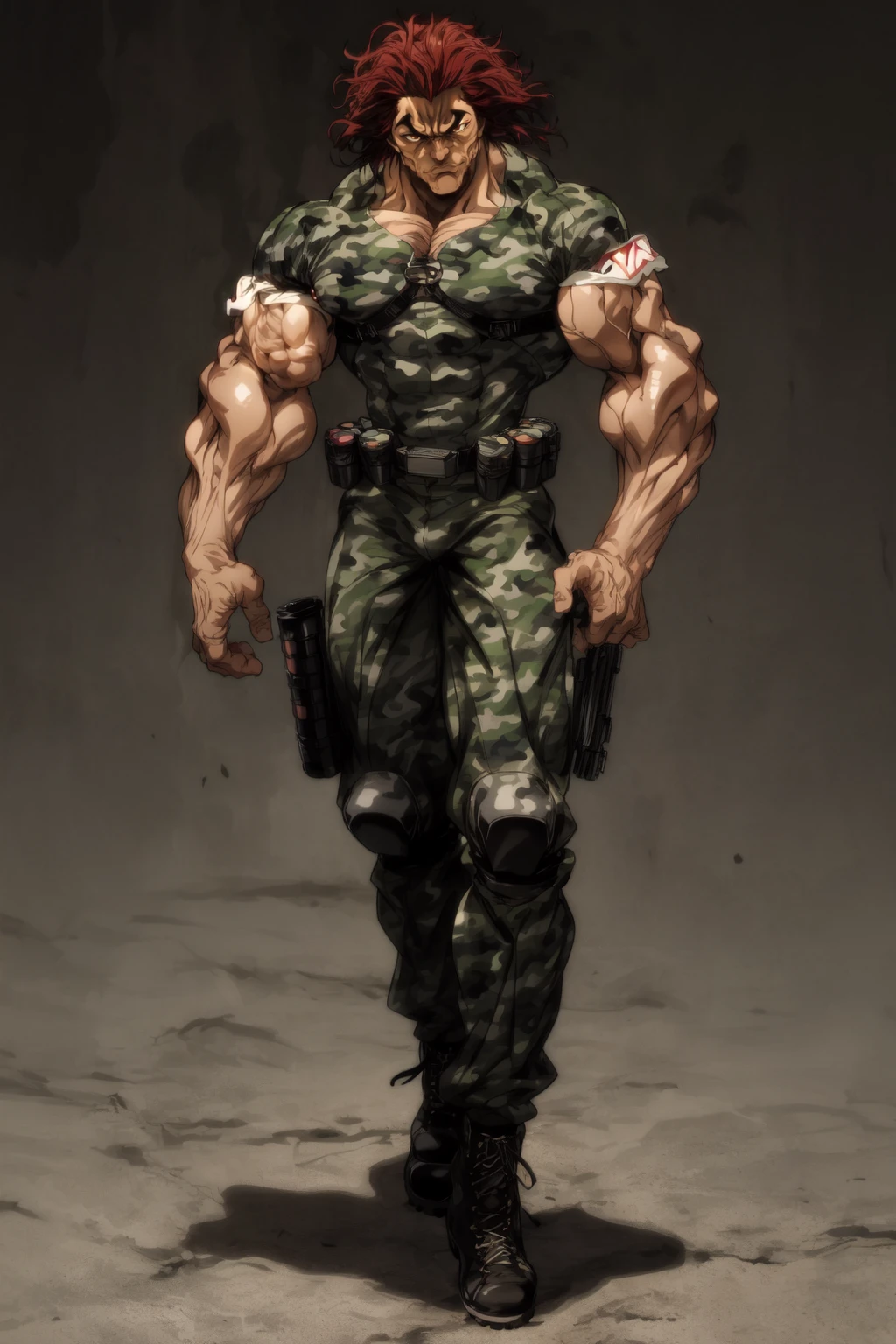 High quality, <lora:Style-add_detail:1>(Beautiful), ((masterpiece)),vibrant colors, YujiroHanma, 1boy, male focus, solo, (((tactical gear, camouflage uniform, combat boots, tactical vest, tactical gloves, utility belt, knee and elbow pads, holstered sidearm, ))), muscular male, red hair, manly, veins, pupils, brown eyes,smile, looking at viewer,((full body)),<lora:YujiroHanma5(1):1>