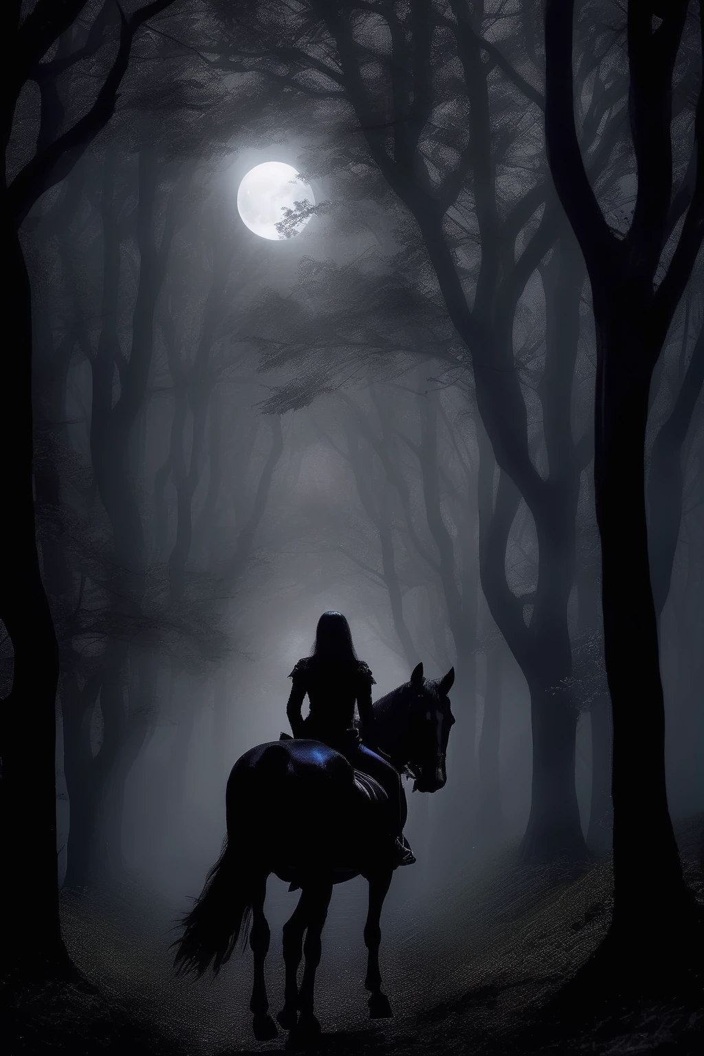 <lora:Dark Fantasy:1>Dark Fantasy - riding a black horse in a foggy forest with the moon light showing through the trees