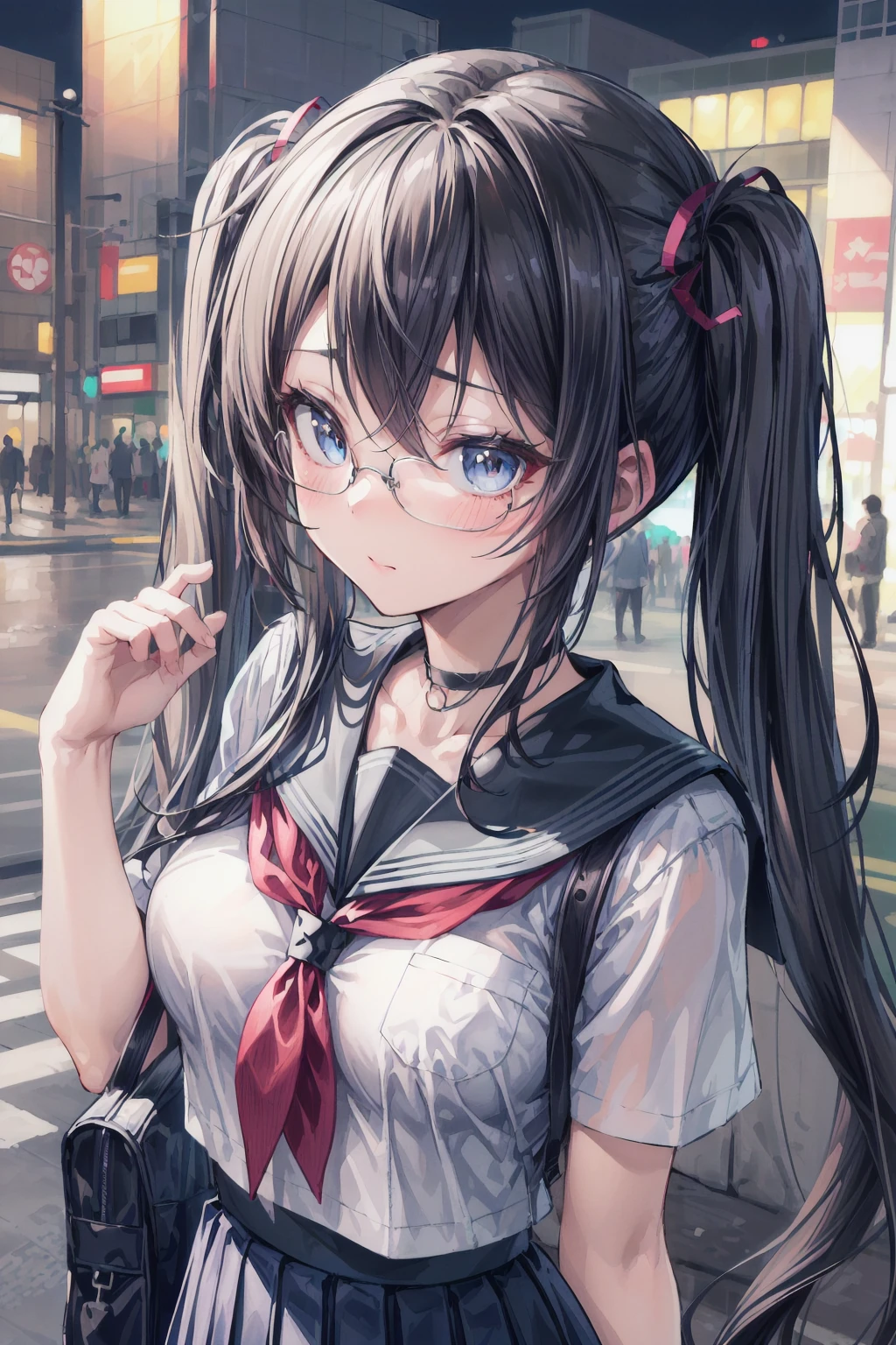 (masterpiece, top quality, best quality, official art, beautiful and aesthetic:1.2), (1girl:1.2), extreme detailed, colorful, highest detailed ((ultra-detailed)), (highly detailed CG illustration), ((an extremely delicate and beautiful)), solo, standing,(middle breasts, black hair, long twintails:1.4), blue eyes, ribbon choker, glasses, looking up,(serafuku, school uniform, school bag:1.3), skirt lift, ribbon strap panties, solo focus, portrait, hand up, (v:1.2), shibuya \(tokyo\), night,<lora:flat2:-1>