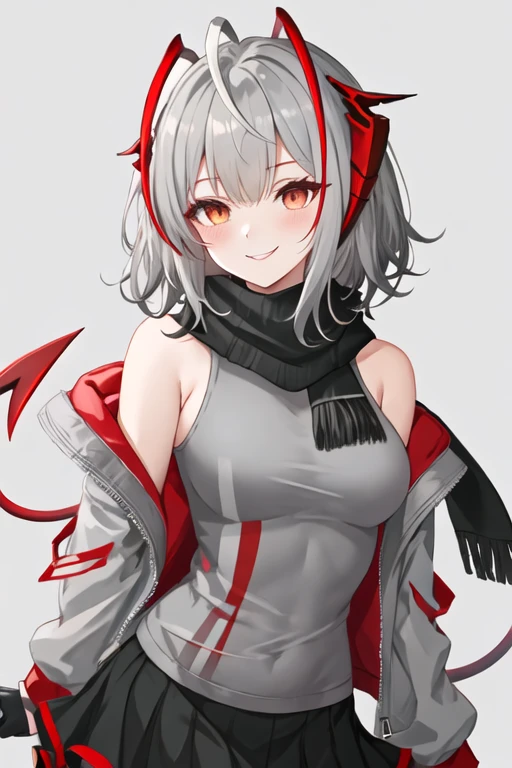best quality, masterpiece, highres, solo, {w_arknights:1.15}, horns, bangs, short_hair, grey_hair, breasts, smile, demon_horns, upper_body, red_eyes, multicolored_hair, ahoge, white_hair, red_hair, medium_breasts, 1girl, antennae, bare_shoulders, black_scarf, jacket, looking_at_viewer, off_shoulder, open_clothes, open_jacket, shirt, sleeveless, sleeveless_shirt, blush, grey_shirt, large_breasts, scarf, simple_background, white_background, black_jacket, black_skirt, grey_scarf, skirt