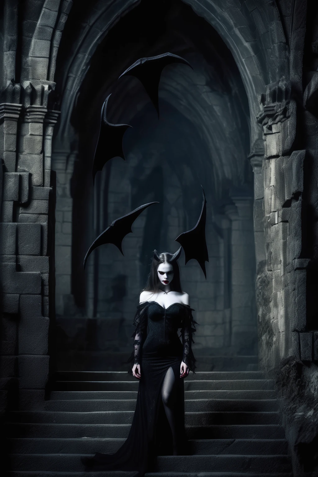 <lora:Dark Fantasy:1>Dark Fantasy - gothic vampire bat goddess walking through a dark stone castle, dark dress, pale skin, black nylon pantyhose on legs