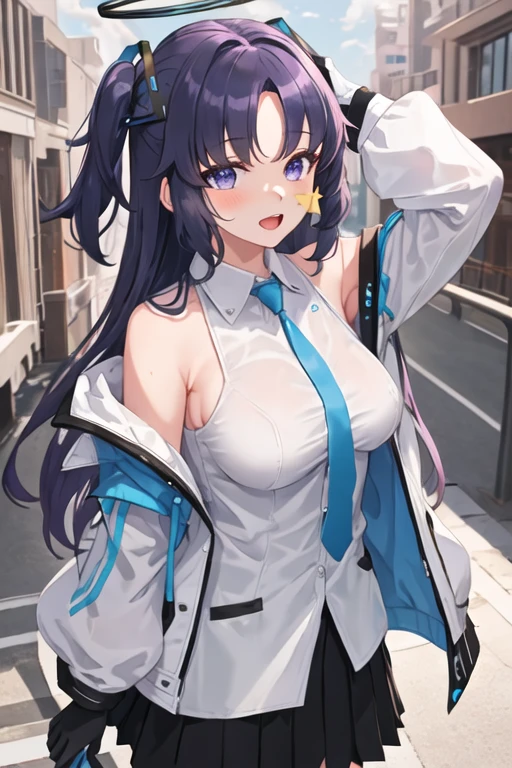 best quality, masterpiece, highres, solo, {yuuka_bluearchive:1.15}, long_hair, halo, bangs, purple_hair, blush, blue_eyes, purple_eyes, breasts, two_side_up, 1girl, black_gloves, blue_necktie, collared_shirt, gloves, jacket, looking_at_viewer, necktie, off_shoulder, open_clothes, open_jacket, shirt, white_shirt, hair_ornament, long_sleeves, upper_body, white_jacket, half_gloves, black_jacket, open_mouth, parted_bangs, sidelocks