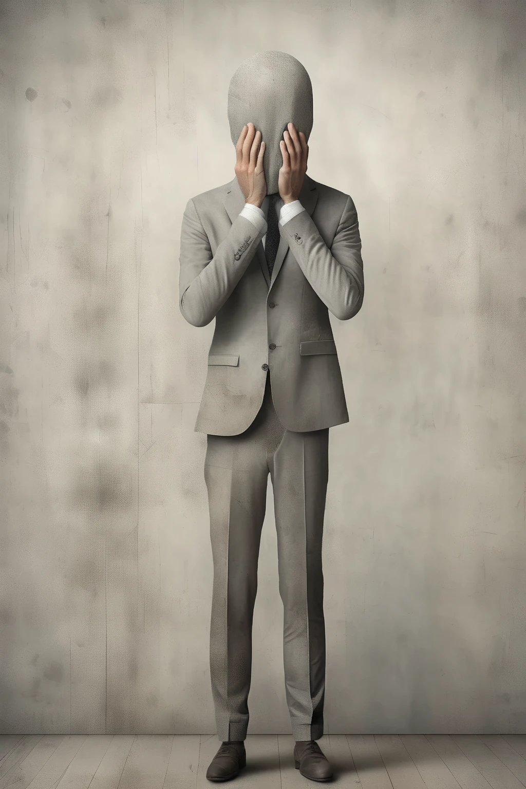 <lora:Gabriel Pacheco Style:1>Gabriel Pacheco Style - A man in a tie, hiding his face with his hands. Gabriel Pacheco style, naturalistic figures, hyper-realistic accuracy, dignified poses, the back wall in muted gray tones