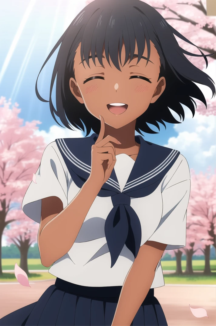 (masterpiece), (high quality), (detailed background:1.3), 1girl, solo,
<lora:SummertimeMio-v1-09:0.7>, ChopioMio, black hair, short hair, dark skin, (looking at viewer:1.3),
mature female, medium breasts,
outfit_1, serafuku, white sailor collar, white shirt, short sleeves, blue neckerchief, blue skirt, pleated skirt, long skirt, white kneesocks,
school, outdoors, cherry blossoms, sunny, light rays, lens flare, depth of field, bokeh,
standing, smile, open mouth, (closed eyes:1.2), floating hair, petals, wind, full body,