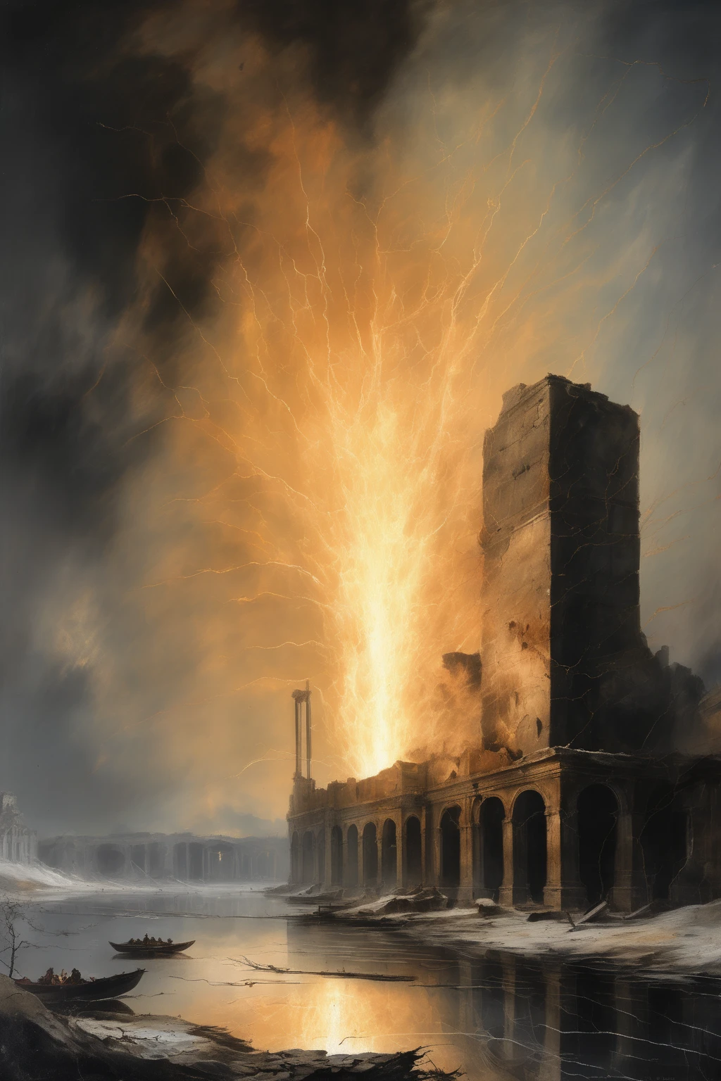 John Martin Style - atomic electric plant, W. Turner and Francisco de Goya style, on a frozen lake of broken translucent surface with many cracks and incandescents sparks black clouds, the ground leaking whitish corrosive and steaming liquids, in the background classic Rome ruins in a low fog, very dense dark smoke in the background, cinematic lighting, fine art, low color saturation