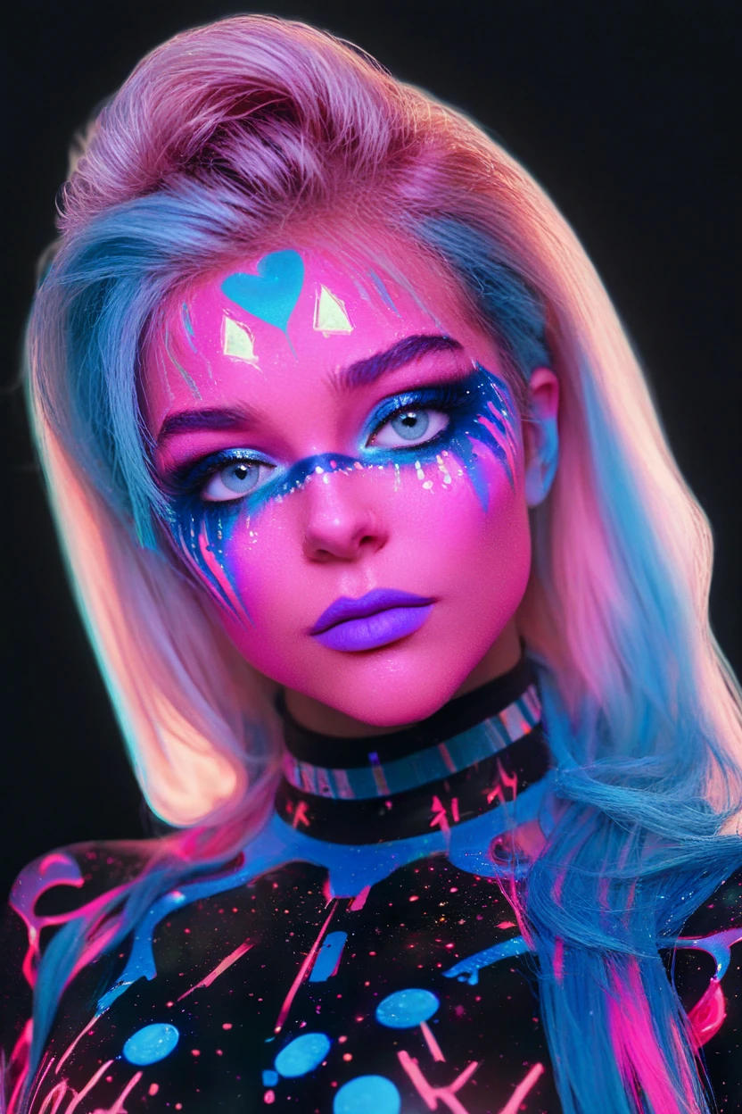 Portrait of (NatalieLevin with blacklight makeup), fantasy, highly detailed, digital painting, artstation, concept art, sharp focus, illustration, art by Tony Sart and artgerm and randy vargas