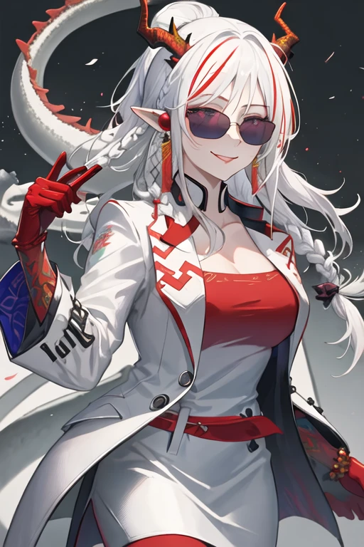 best quality, masterpiece, highres, solo, {black business suit:1.40}, {tie:1.20}, {sunglasses:1.25}, {white gloves:1.15}, {white shirt:1.10}, {black skirt:1.15}, {smoking:1.20}, handsome, {nian_arknights:1.15}, horns, pointy_ears, white_hair, multicolored_hair, red_hair, purple_eyes, streaked_hair, bangs, long_hair, jewelry, braid, smile, breasts, dragon_horns, earrings, upper_body, colored_skin, red_skin