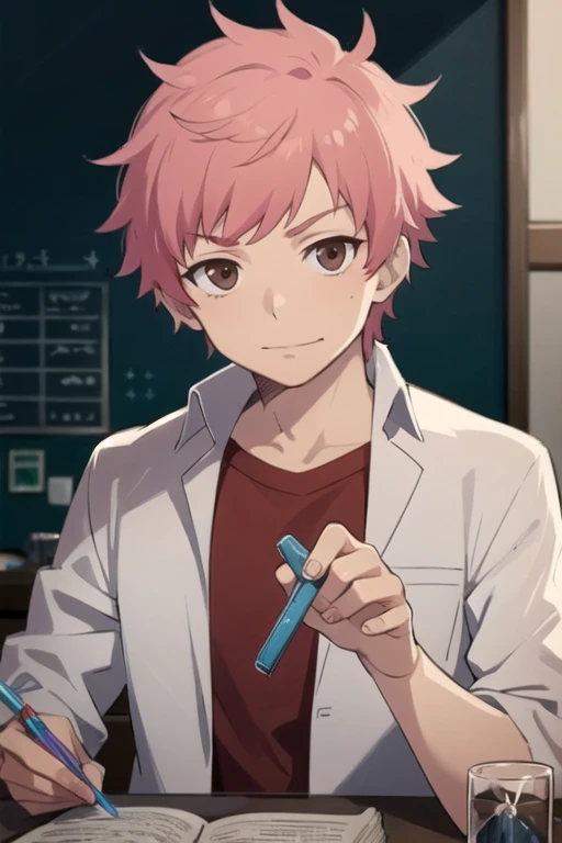 masterpiece, best quality, , 1boy, solo, male focus, looking at viewer, , , <lora:renzou_shima:0.68>, renzou_shima, pink hair, brown eyes, , , science fiction xenopunk,