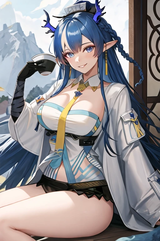 best quality, masterpiece, highres, solo, {ling_arknights:1.15}, blue_hair, horns, long_hair, pointy_ears, dragon_horns, blue_eyes, jewelry, earrings, smile, bangs, breasts, multicolored_hair, very_long_hair, braid, necktie, yellow_necktie, large_breasts, parted_lips, streaked_hair