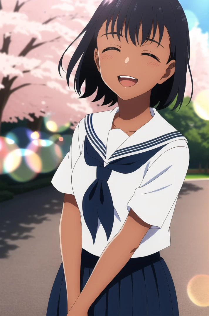 (masterpiece), (high quality), (detailed background:1.3), 1girl, solo,
<lora:SummertimeMio-v1-09:0.7>, ChopioMio, black hair, short hair, dark skin, (looking at viewer:1.3),
mature female, medium breasts,
outfit_1, serafuku, white sailor collar, white shirt, short sleeves, blue neckerchief, blue skirt, pleated skirt, long skirt, white kneesocks,
school, outdoors, cherry blossoms, sunny, light rays, lens flare, depth of field, bokeh,
standing, smile, open mouth, (closed eyes:1.2), floating hair, petals, wind, full body,