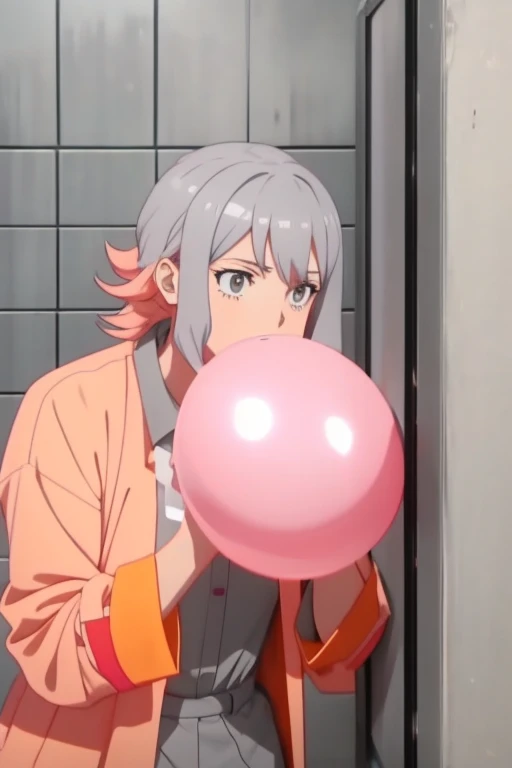 1girl, pink hair, <lora:loon:0.75>, (blowing (((gray))) balloon, looner), anime screencap, orange prison clothes, prison cell, night,