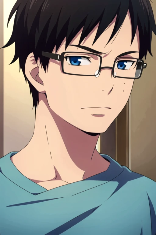 masterpiece, best quality, photorealistic, 1boy, solo, male focus, looking at viewer, , , <lora:yukio_okumura:0.70>, yukio_okumura, black hair, blue eyes, glasses