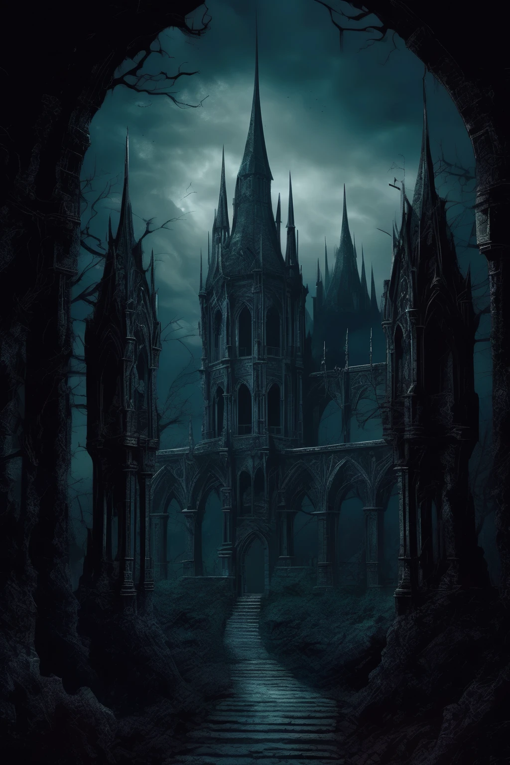 <lora:Dark Fantasy:1>Dark Fantasy - Gothic landscape artwork. Dark and moody colors, with intricate detailing. Gothic architecture as the primary subject. high resolution