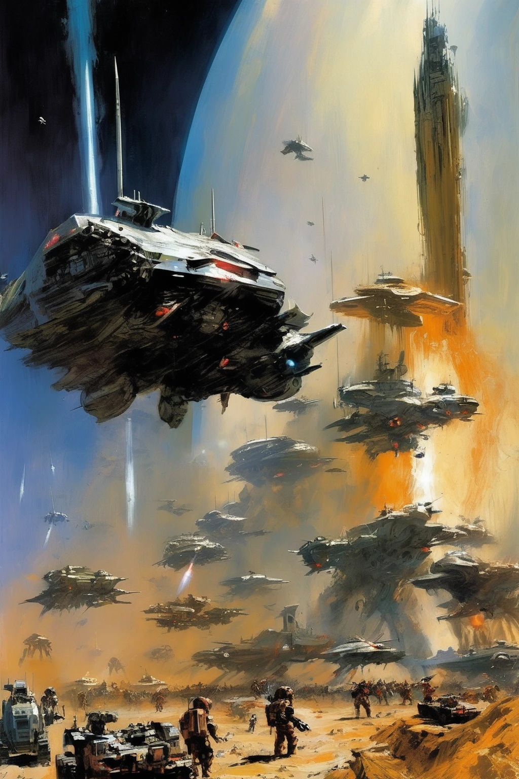 John Berkey Style - Science fiction war. The planetary defenses are down. Monstrous beings bring weapons. Armies of soldiers. Epic. John Berkey