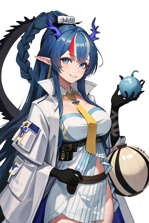 best quality, masterpiece, highres, solo, {ling_arknights:1.15}, blue_hair, horns, long_hair, pointy_ears, dragon_horns, blue_eyes, jewelry, earrings, smile, bangs, breasts, multicolored_hair, very_long_hair, braid, necktie, yellow_necktie, large_breasts, parted_lips, streaked_hair, 1girl, black_gloves, coat, elbow_gloves, gloves, looking_at_viewer, open_clothes, open_coat, shirt, white_coat, white_shirt, long_sleeves, upper_body, detached_collar, holding, white_background, wide_sleeves, gourd, medium_breasts, simple_background, underbust