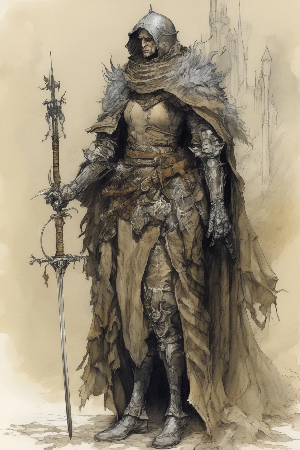 John Blanche Style - last knight of a company, seeking redemption, ink painting, wearing dress, full body, high fantasy, video video game, hyper stylized, character design, concept art, fantasypunk, fusion of brian froud and amy sol and jean - baptiste monge and don bluth