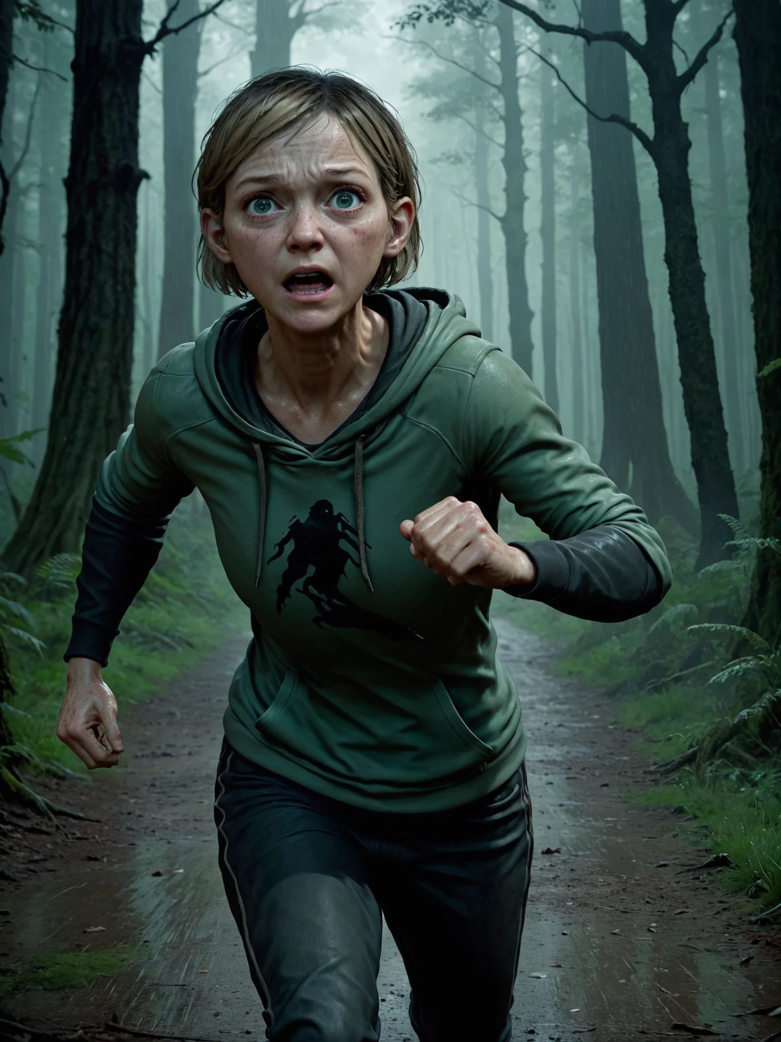 masterpiece, best quality, high quality,
photo of mature woman, sarah miller  in a rainy forest, 40 years old, 1girl,  the last of us style,  worried, scared, short hairs, blonde hairs, freckles, wearing an old and worn green hoodie, detailed skin, dirty skin, full body, perfect eyes, long pants,
(running fast, running away from monsters, dynamic pose, looking over:1.3), darkness, horror movie, image that could be album cover,
<lora:sarah_tlou_sdxl_v3-000018:1>