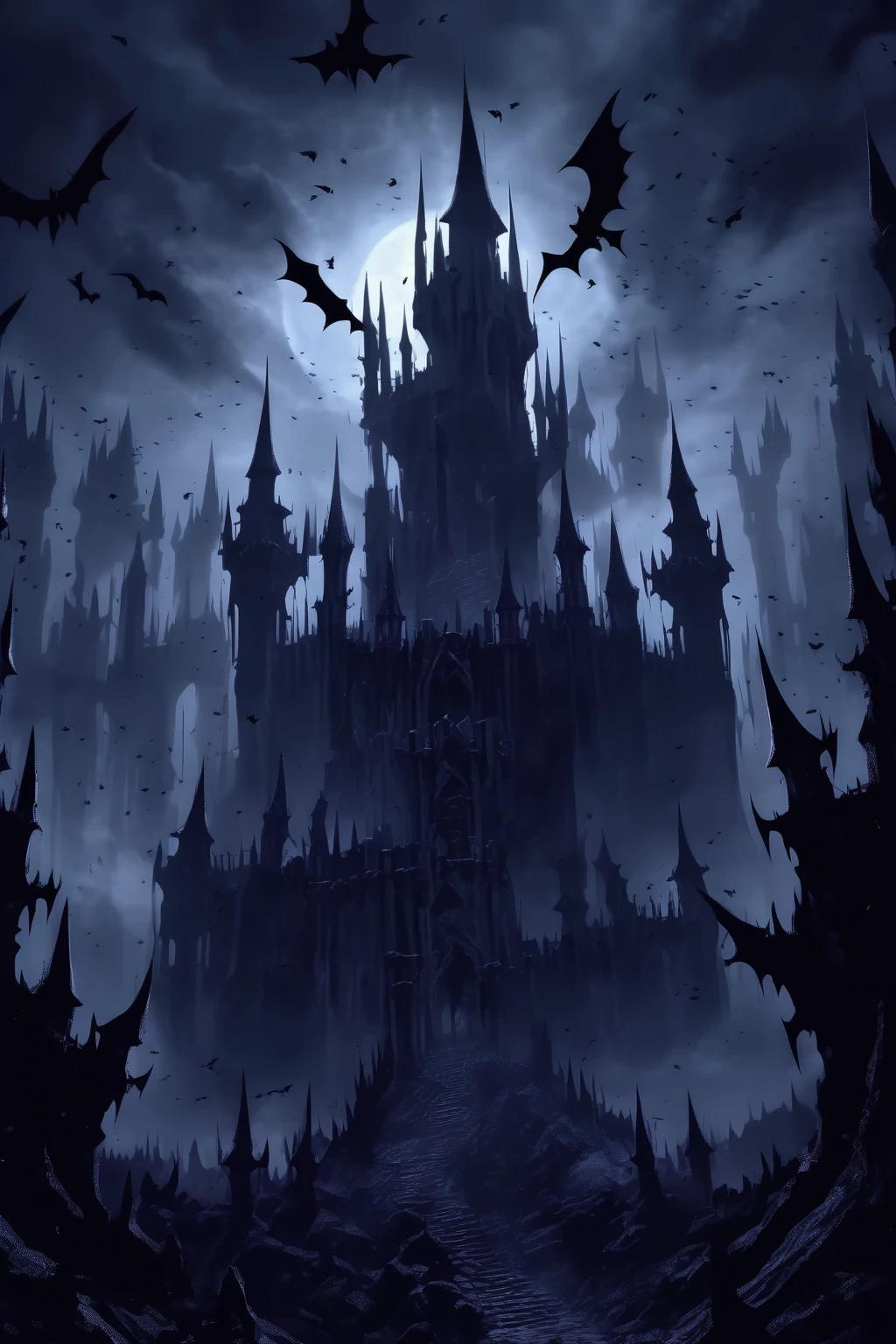 <lora:Dark Fantasy:1>Dark Fantasy - a dark fantasy castle with high towers and pinnacles. The walls are ruined and cracked. At the center ther is a massive gothic tower. The castle is surrounded by a grim forest, and swarms of bats. The sky is dark and the night is dark. Fantasy. Dark. Black.