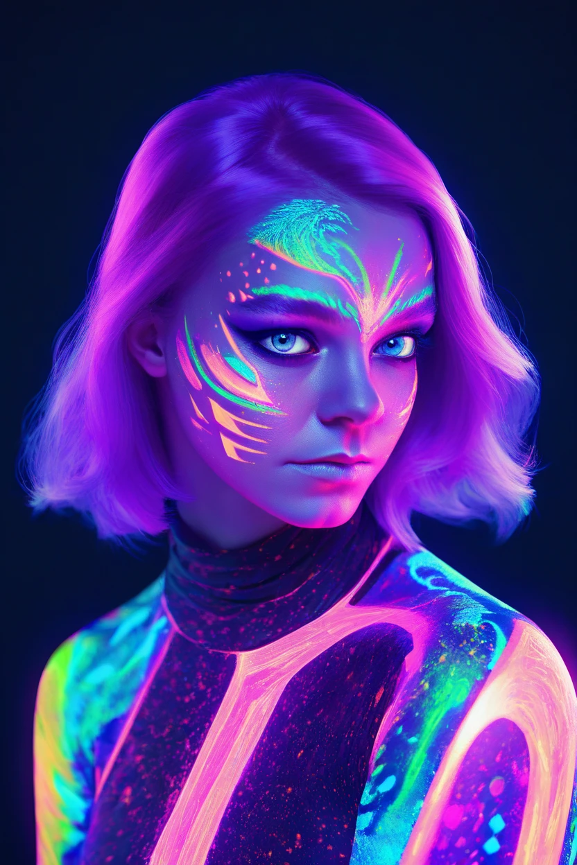 Portrait of (emma myers woman with blacklight makeup), fantasy, highly detailed, digital painting, artstation, concept art, sharp focus, illustration, art by Tony Sart and artgerm and randy vargas