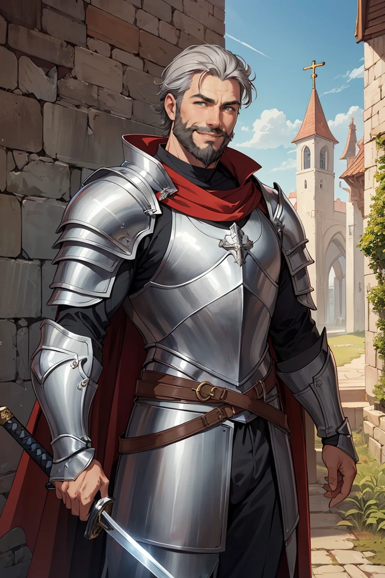 Cowboy Shot,(best quality),original,portrait,midday,(male:1.1) knight,sword and shield, armor,(old),smile,bule cape,short grey hair,beard,(holy),medieval fantasy,muscular,scenery