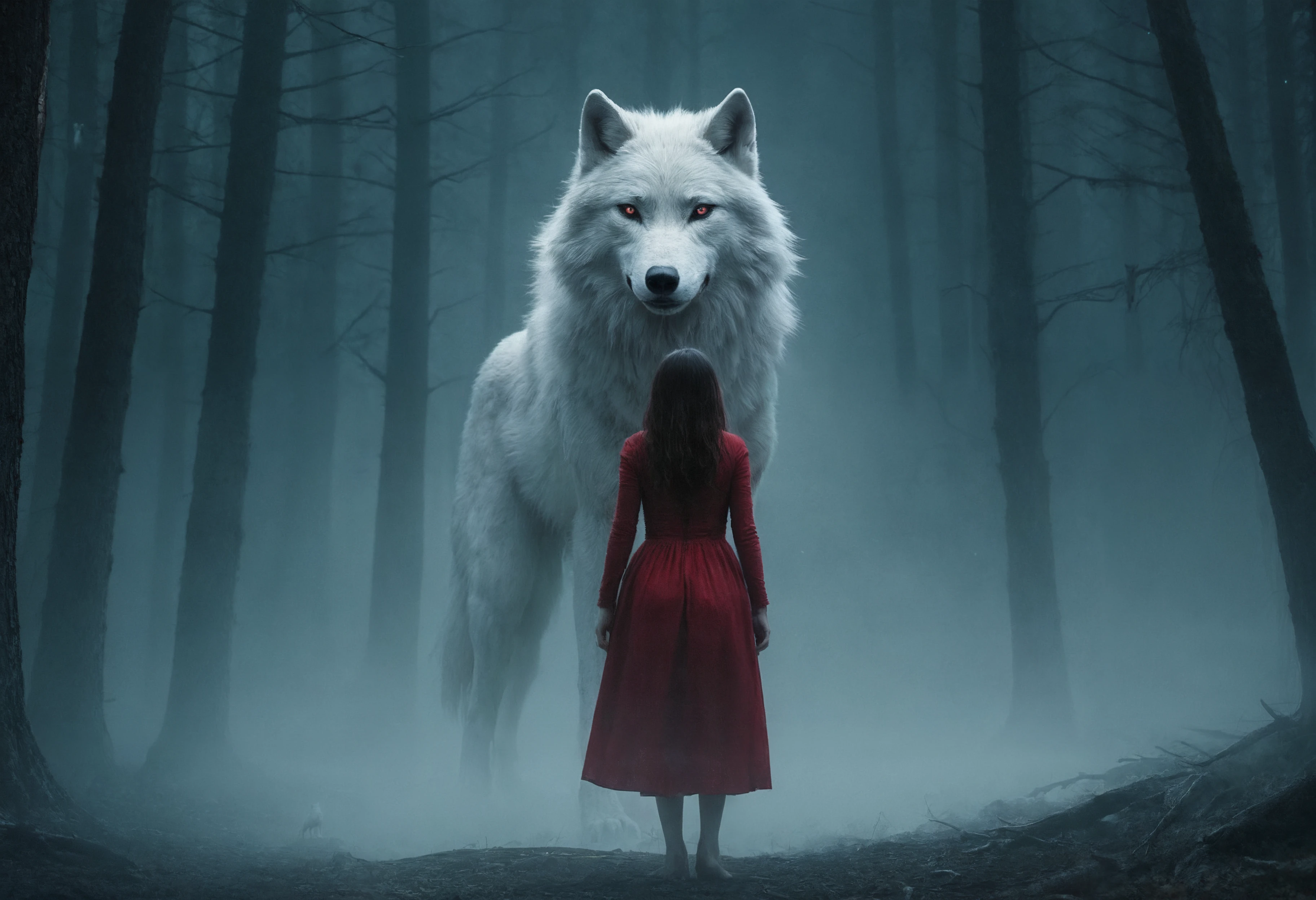 photo of scary huge creature, white wolf, humanoid, night, forest, netflix, cinematic, horror, BREAK girl with  red dress, scared, BREAK, fog, smoke,  detailed background, intricate forest, mistic lights,