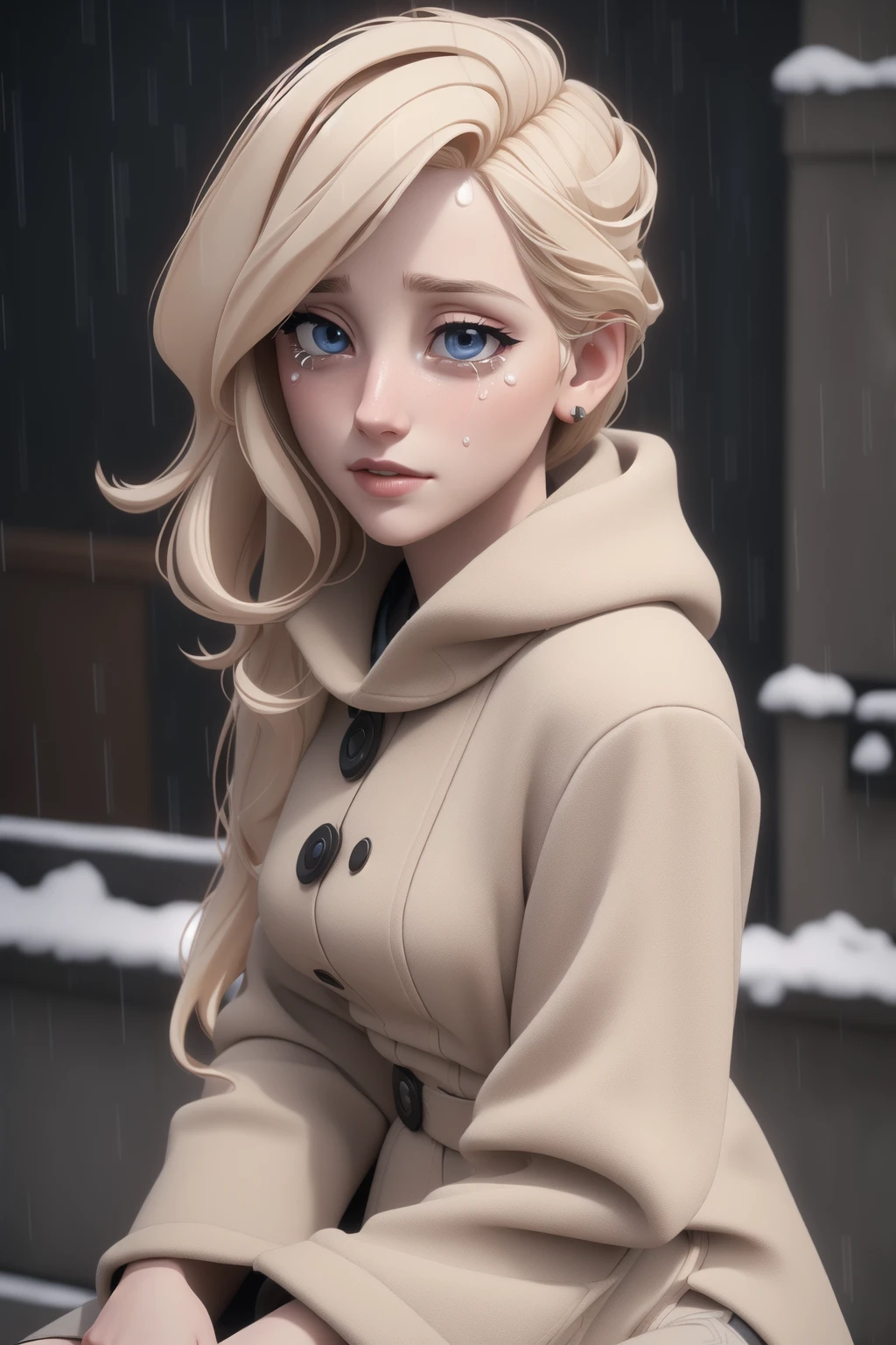 Beautiful depressed and crying young blond woman sitting outside in the cold rain, unreal engine 5 rendered, incredibly highly detailed and realistic, 8 k, sharp focus, studio quality, 8k, high quality, high resolution, 4k, hd, (well designed face), amazing face, (super detailed), very expressive eyes