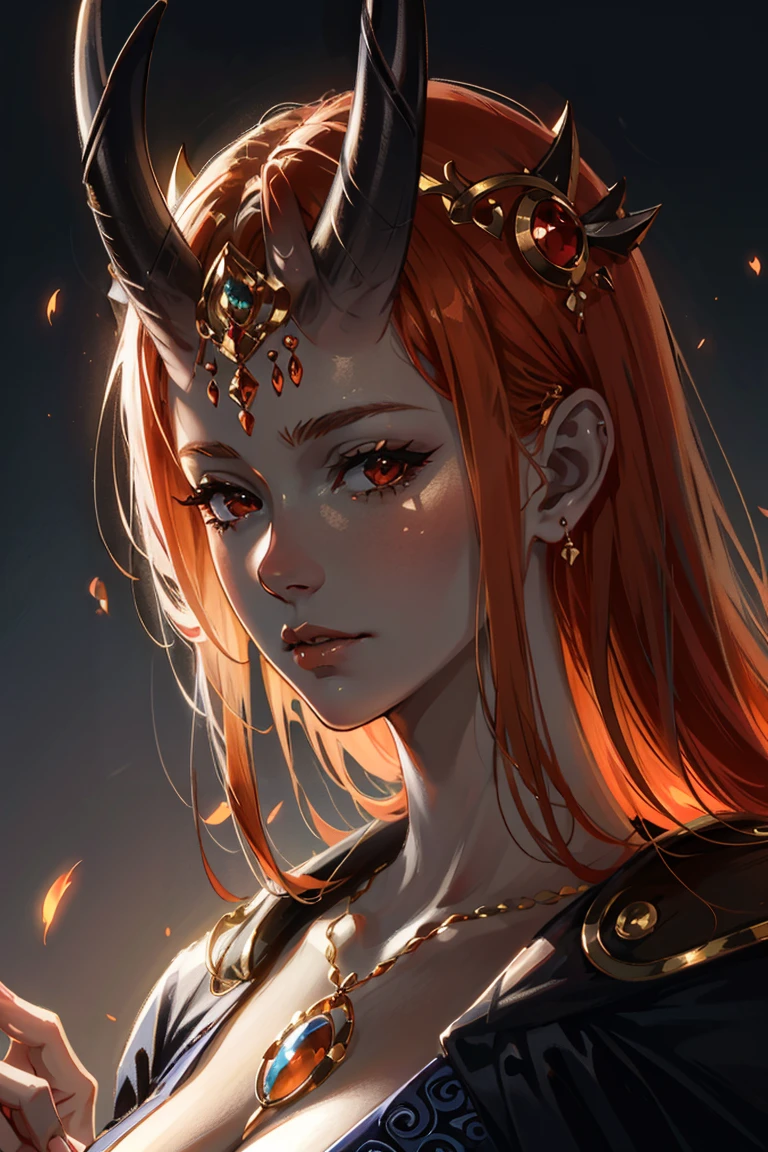 MizoraBG, 1girl, horns, red eyes, dress, orange hair, grey skin,  <lora:MizoraBG:0.7>, 
close-up