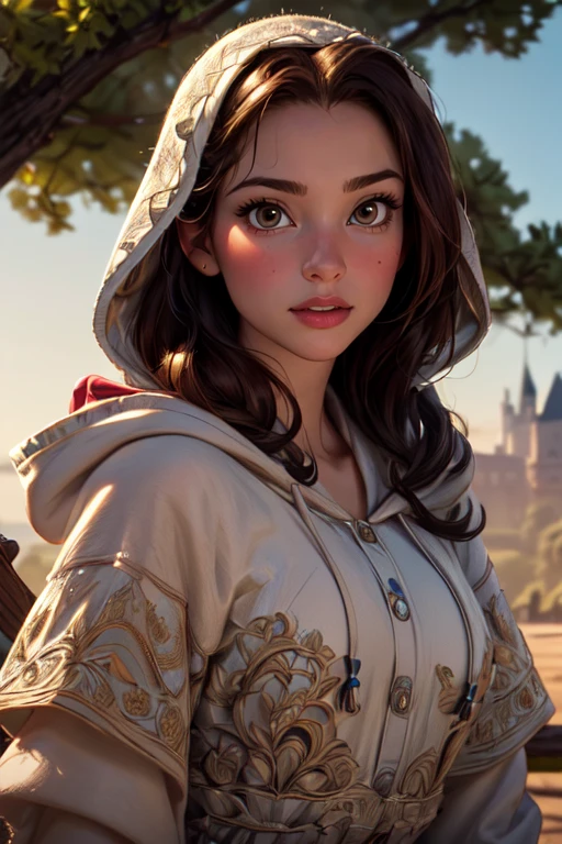 (masterpiece:1.2), (best quality), (ultra detailed), (8k, 4k, intricate),(full-body-shot:1.2),(cowboy:1.2),(highly detailed:1.2),(detailed face:1.2), (detailed background),(portrait),detailed landscape, (dynamic pose:1.2),<lora:more_details:0.5>, <lora:belle:0.7>belle 1girl, solo, brown eyes, hood, tree,castle background