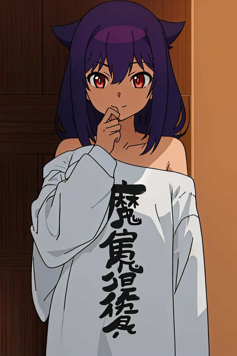 <lora:Jahy_Final_v2:0.8>, jahy_young, red eyes,shirt,off shoulder,clothes writing,oversized clothes,
extremely detailed 8K wallpaper,
masterpiece,best quality,1girl,solo,nice hand,good hand,