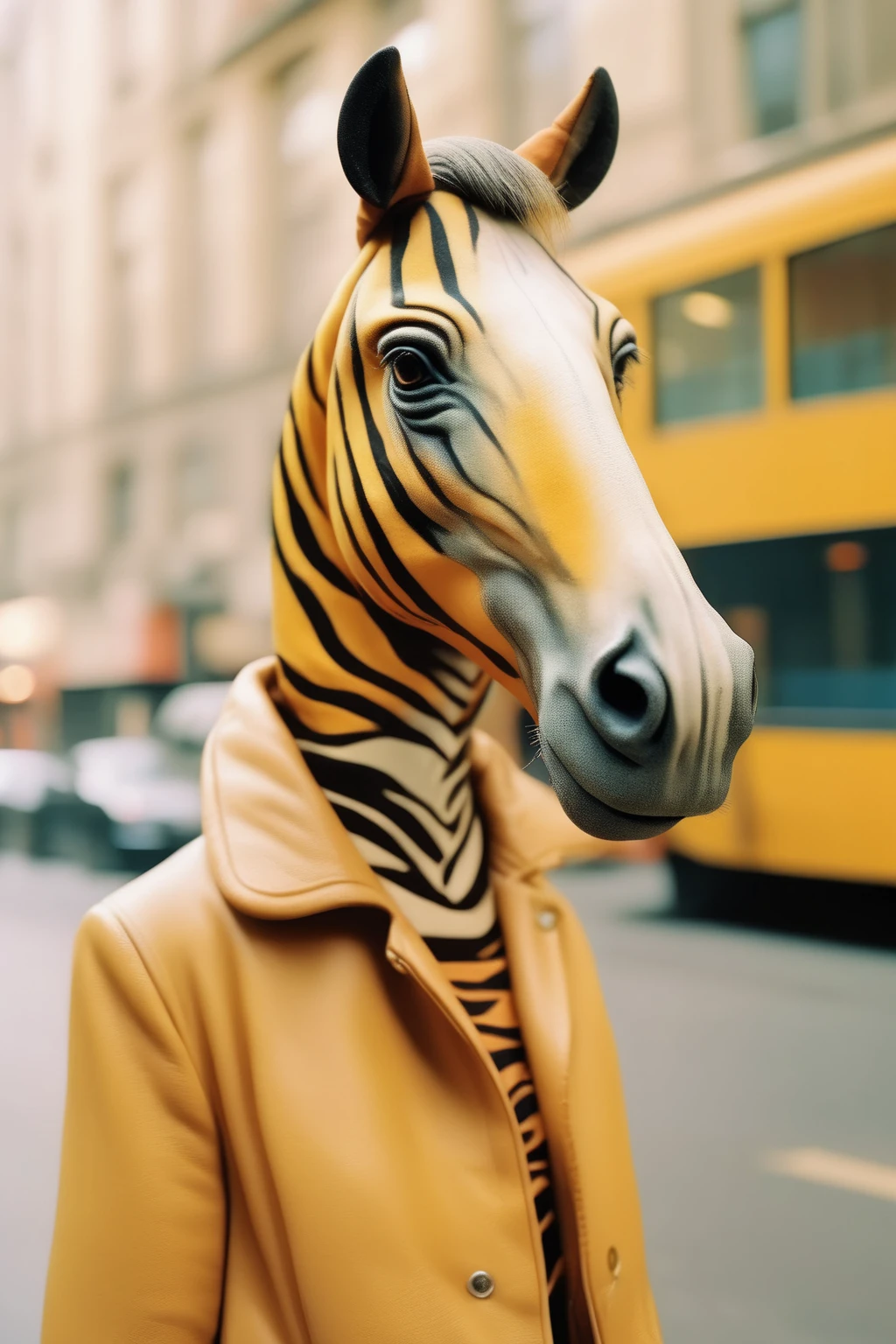 <lora:Dressed animals:1>Dressed animals - Street style photo of animal like half horse half tiger on Kodak Gold 200