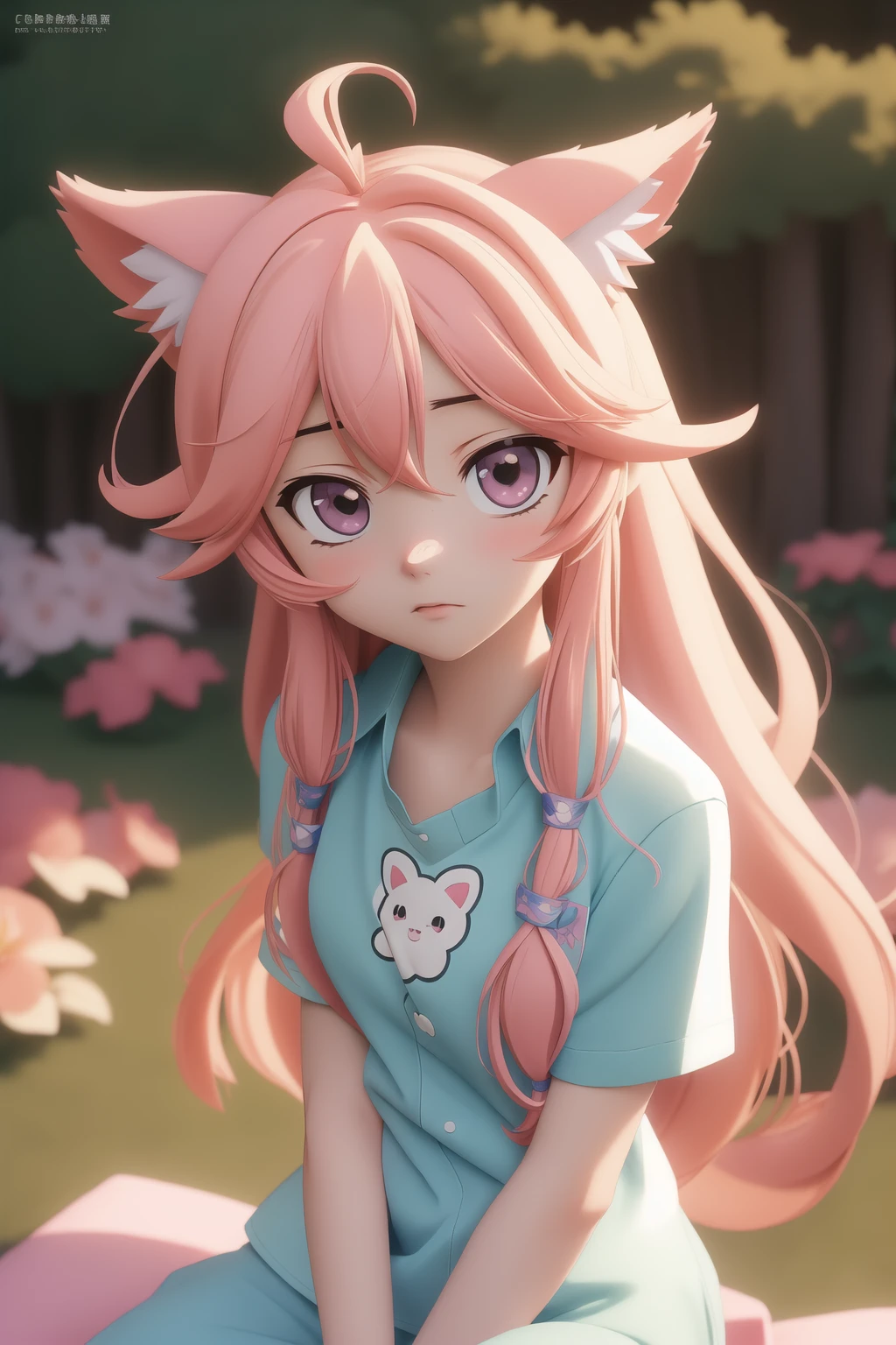 anime, hdr, soft light, ((best quality)), ((masterpiece)), (detailed), jahysama, 1girl, very long hair, hair flaps, animal ears, shirt, clothes writing, short sleeves, naked shirt, looking at viewer, HeadpatPOV, pov, headpat, from above, garden,