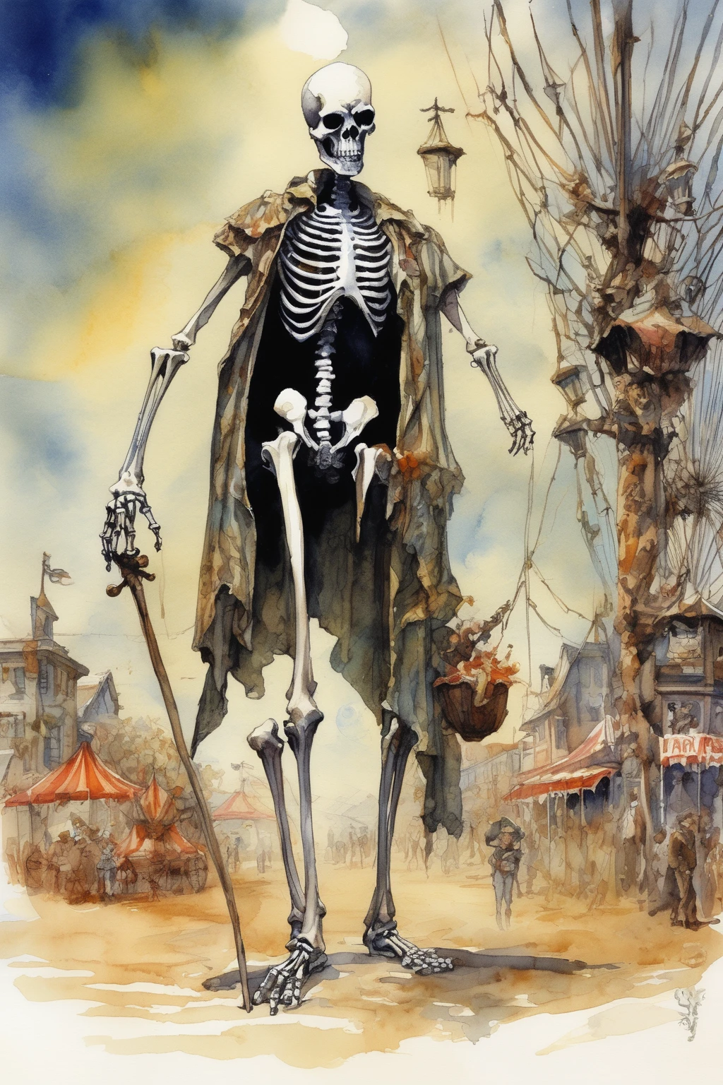 John Blanche Style - watercolor art inspiration from the novel titled Something Wicked This Way Comes by Ray Bradbury 3. Create a sculpture of The Skeleton, with the theme of loyalty and longing. Put emphasis on his long limbs and thin frame, while making sure to also include details of his loyalty to the carnival and how he aides the young protagonist of the novel. Include in the sculpture other carnival elements and even the young protagonist to show the connection between the two despite them being different in many ways. beautiful watercolor themed art