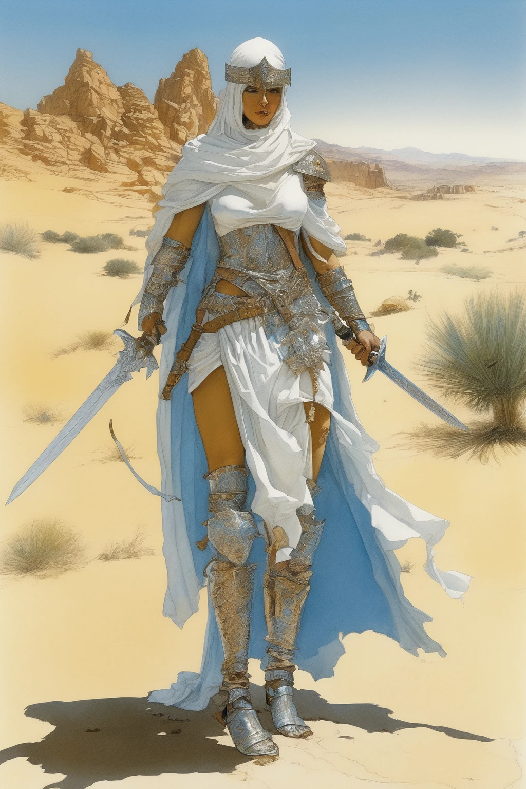 John Blanche Style - female desert nomad knight standing and holding a sword, partial steel armor, full bodied, Moorish and Persian style, Pure White cloth, ivory and azure ornaments, Golden Axe theme, in the style of Michael Kaluta, in the style of Boris Vallejo