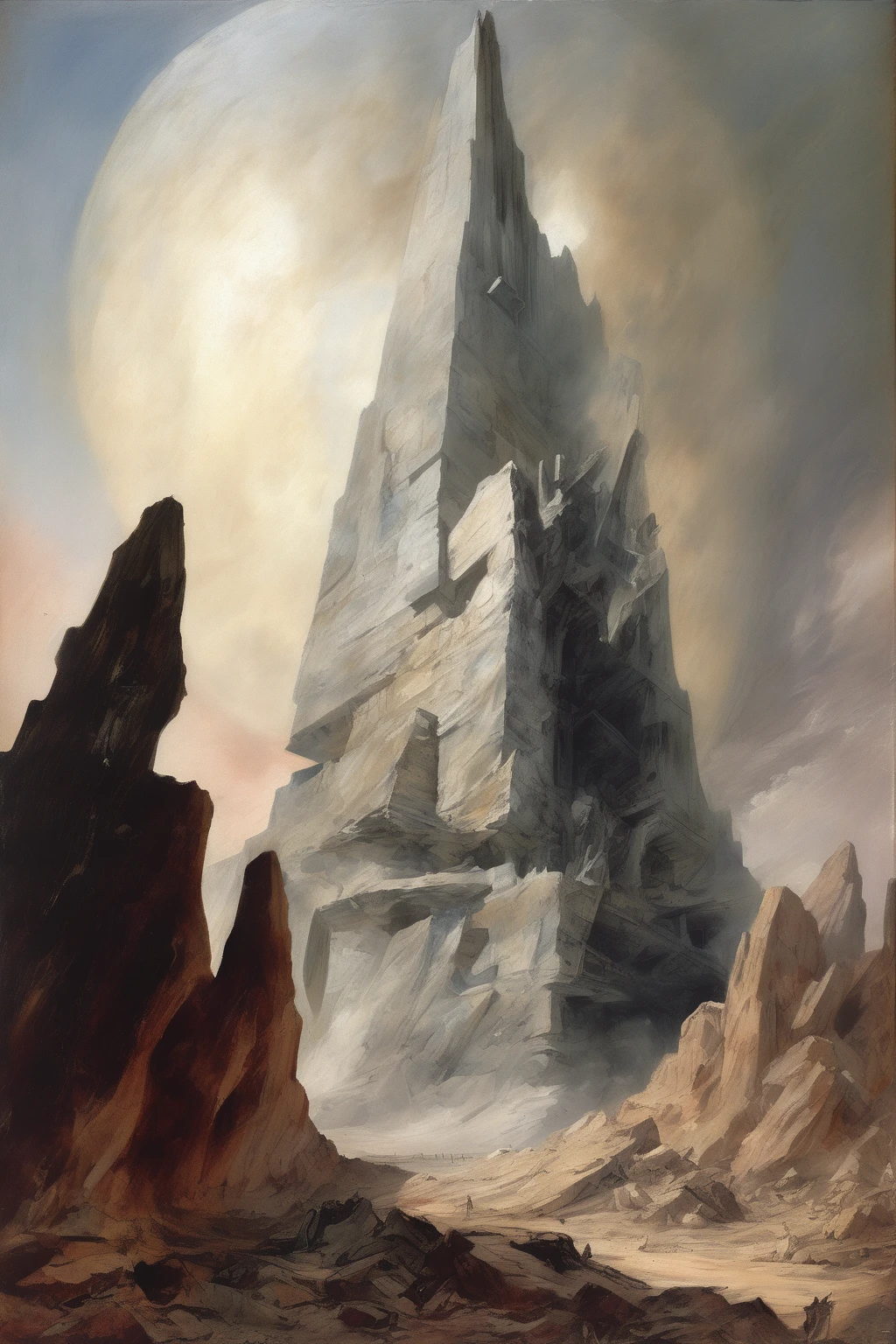 John Martin Style - painting by john constable and charles demuth of the wreckage of futuristic high tech mughal arcology temple, in a vast alien celestial heavenly desolate picturesque wilderness, weathered rock and crumbling stone, ethereal mist and clouds, crusades, illuminati, anarchy, space age, cyborg bitcoin lasers, 35mm photograph