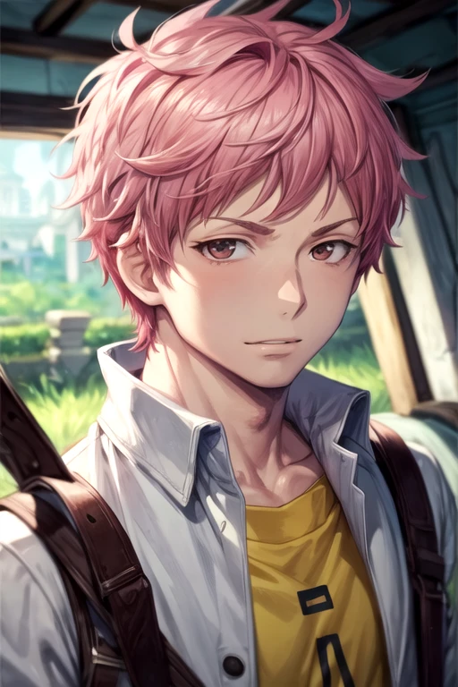 masterpiece, best quality, , 1boy, solo, male focus, looking at viewer, upper body, depth of field, <lora:renzou_shima:0.70>, renzou_shima, pink hair, brown eyes, , grimdark,