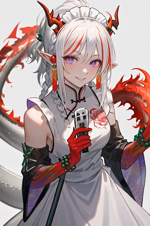 best quality, masterpiece, highres, solo, {maid:1.40}, {long maid dress:1.15}, {nian_arknights:1.15}, horns, pointy_ears, white_hair, multicolored_hair, red_hair, purple_eyes, streaked_hair, bangs, long_hair, jewelry, braid, smile, breasts, dragon_horns, earrings, upper_body, colored_skin, red_skin
