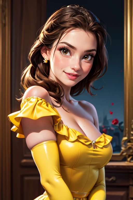 (masterpiece:1.2), (best quality), (ultra detailed), (8k, 4k, intricate),(full-body-shot:1.2),(cowboy:1.2),(highly detailed:1.2),(detailed face:1.2), (detailed background),(portrait),detailed landscape, (dynamic pose:1.2),<lora:more_details:0.5>, <lora:belle:0.7>belle 1girl, solo, breasts, smile, brown hair, gloves, dress, cleavage, bare shoulders, brown eyes, jewelry, medium breasts, flower, earrings, elbow gloves, makeup, rose, yellow dress,castle background